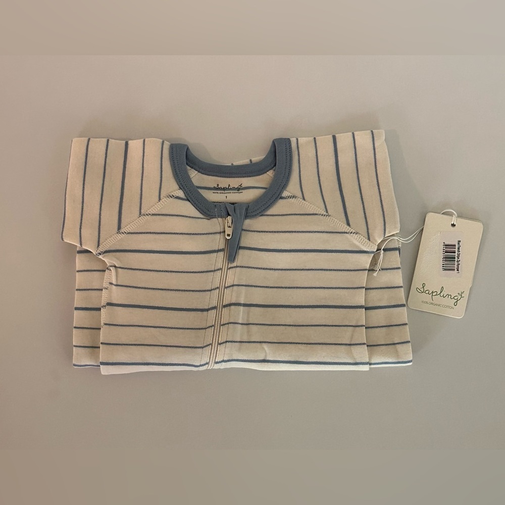 Sapling Child 100% Organic Cotton Blue French Stripe Zip Romper/Footie Size 1yrs